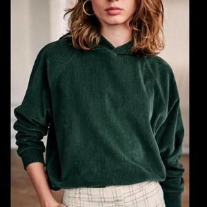 Sezane Mary Sweatshirt 100% Cotton Green Corduroy Ribbed Pullover Hoodie Size S